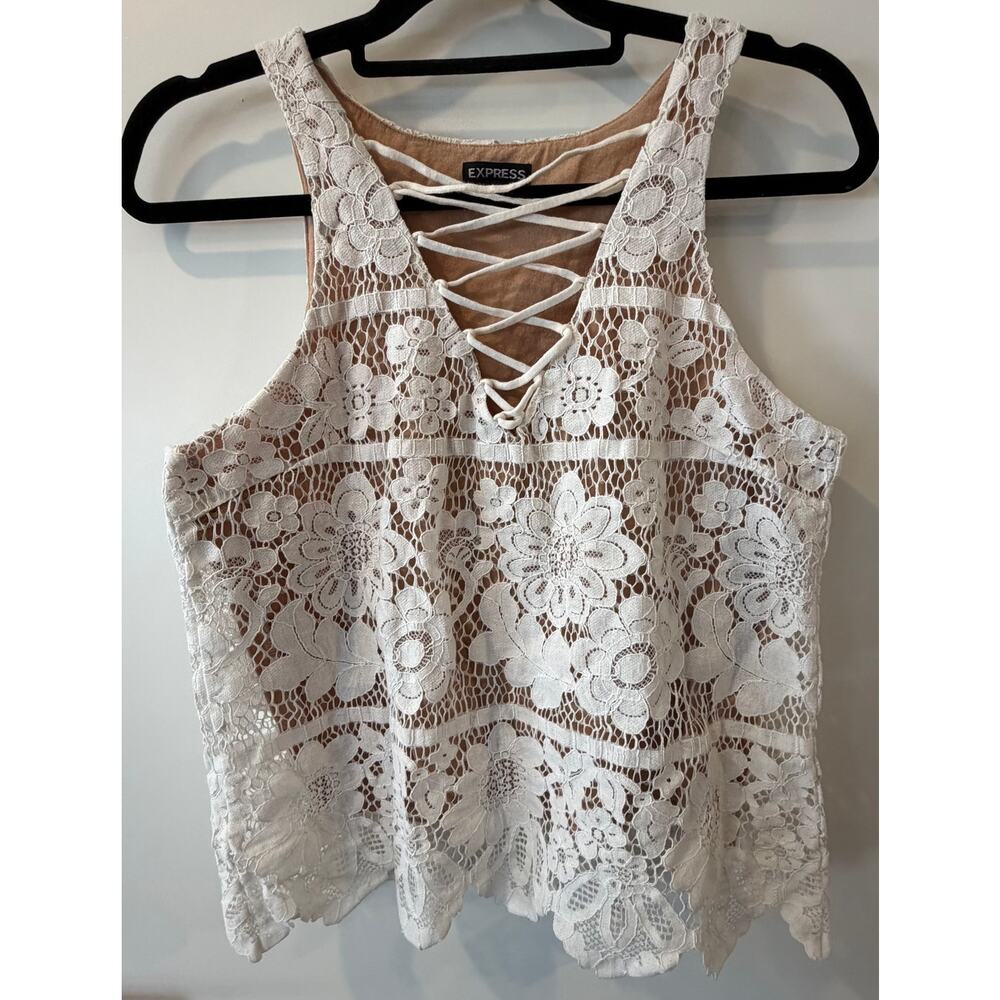 Express White Nude Lacey Tank Criss Cross Neckline Elegant Size Medium